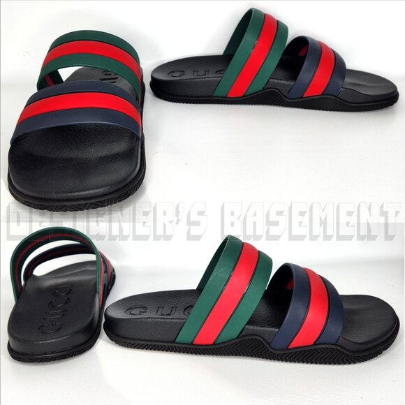 GUCCI men 10 Agrado INTERLOCKING G Logo Black Green Red rubber Slide sandals NIB - Picture 6 of 11